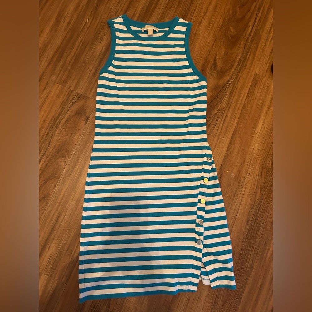 Michael Kors Teal and White Striped Tank Dress XS